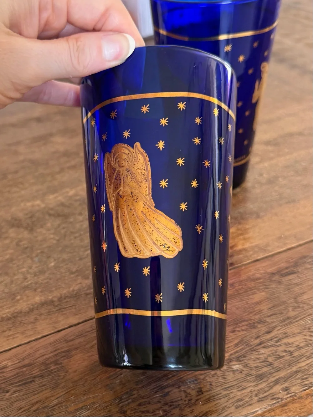 MCM Glassware: Vintage Culver Cobalt Blue and 22K Gold Angel Tumblers